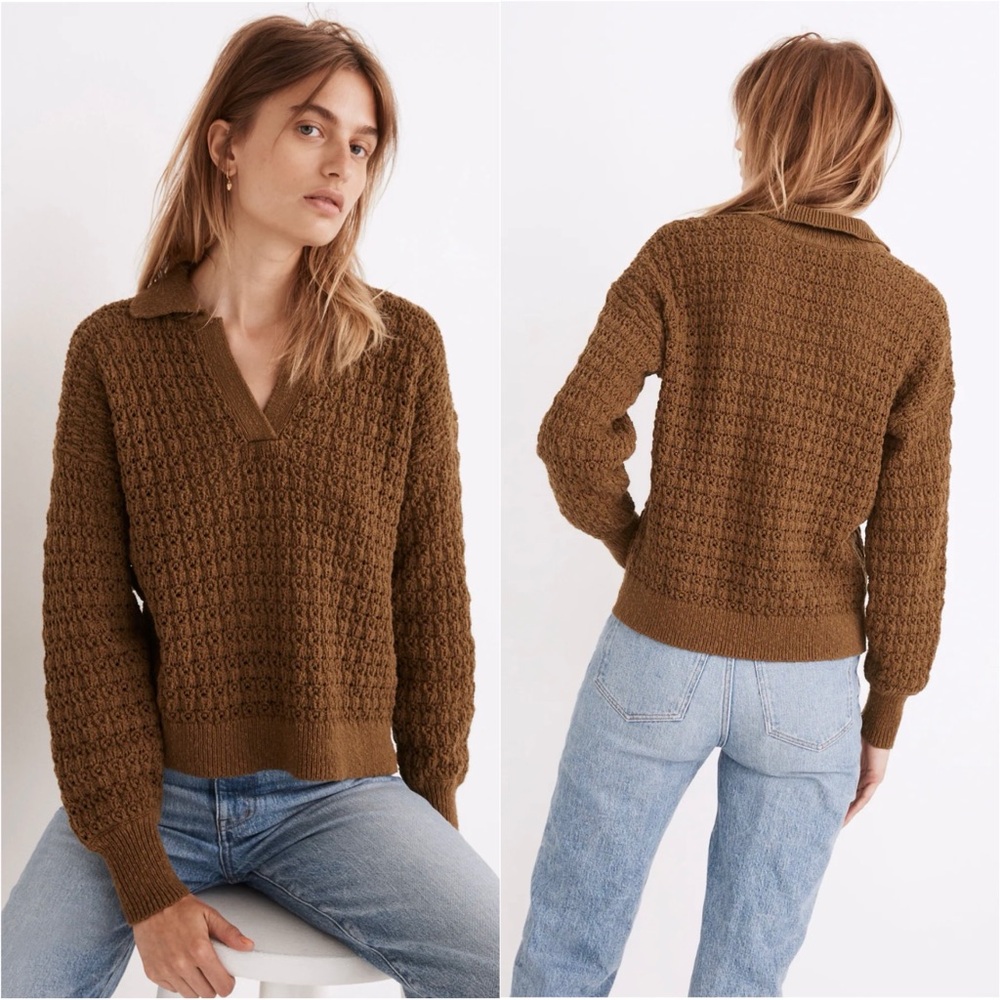 Madewell Sweater Sunbury Open-Stitch Polo Pullover Long Sleeve Golden Spinach XS